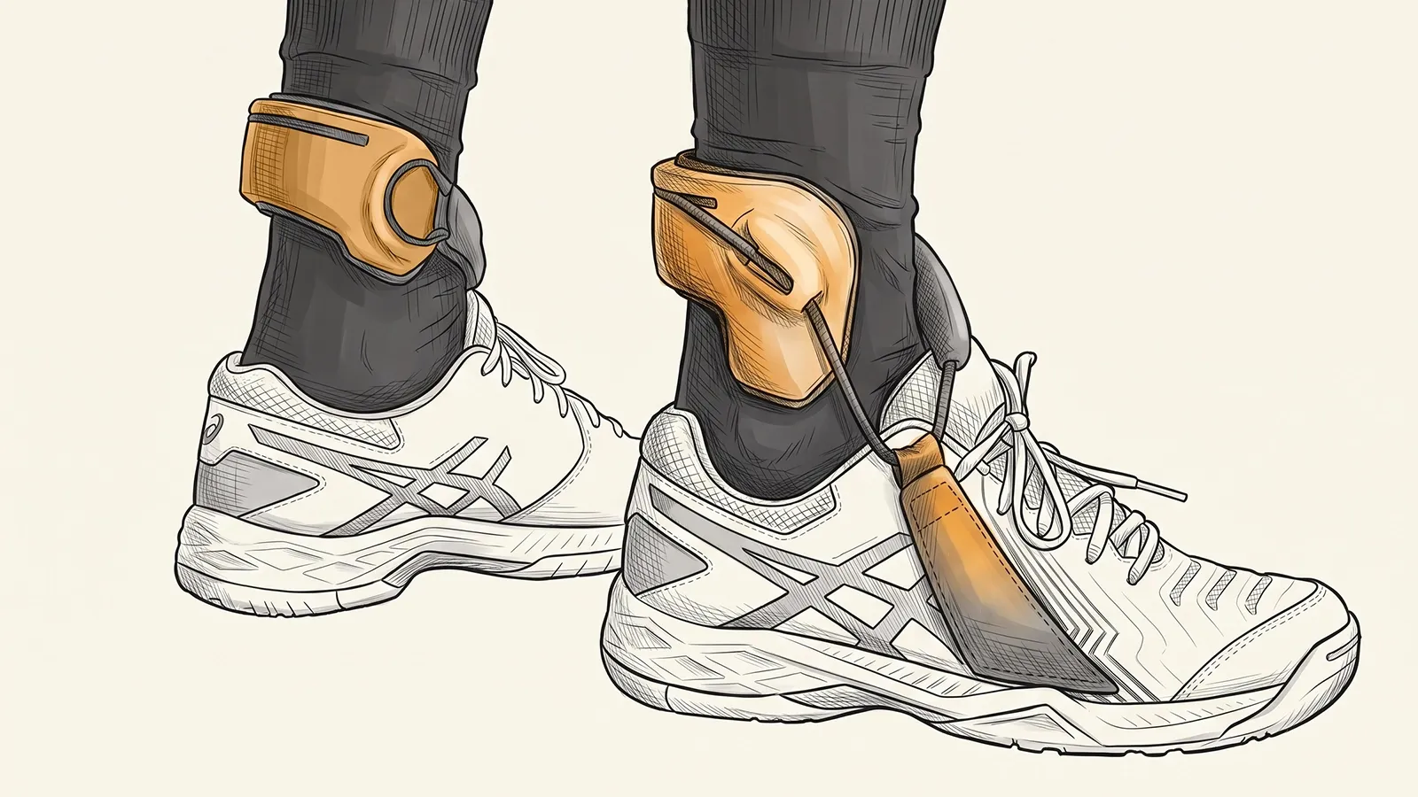 Illustration of two feet in trainers, each wearing an EXO-L brace, with a cuff above the ankle and a stay running down to the shoe's laces
