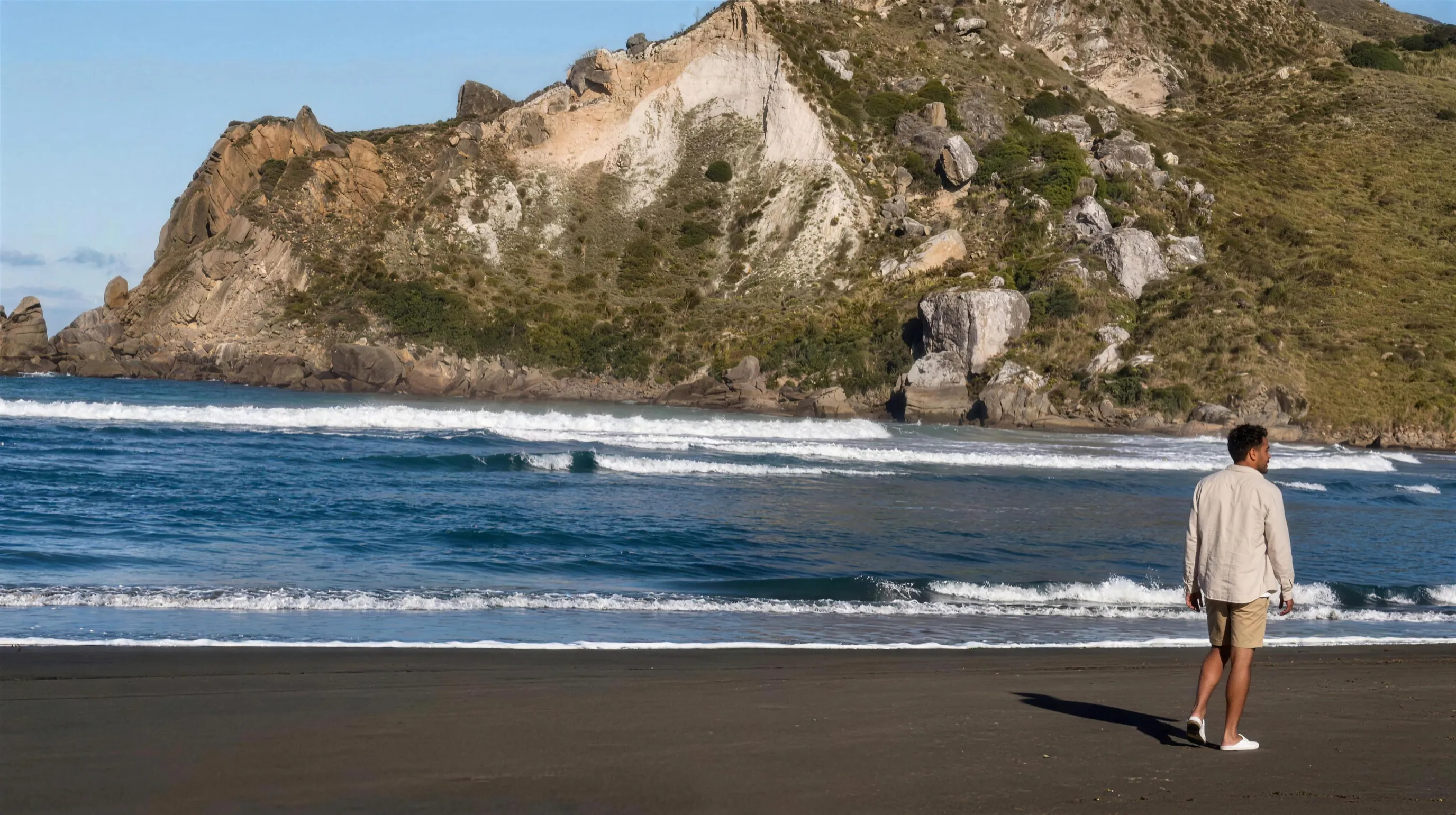 A man walking along a black-sand Wairarapa beach below an eroded coastal headland